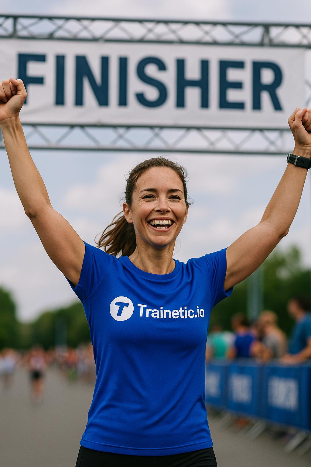 Femme c&eacute;l&eacute;brant sa course avec panneau Finisher