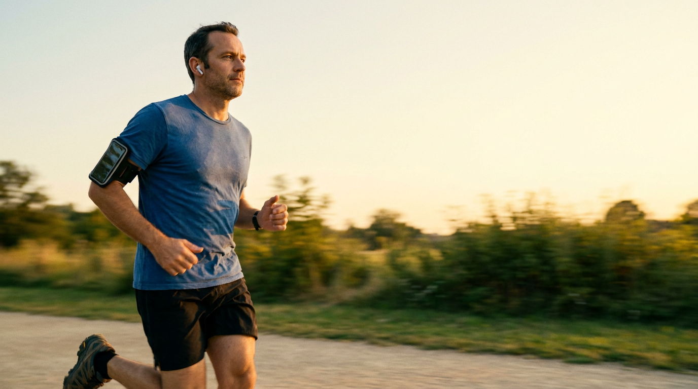 Coureur en tenue de running, écouteurs sans fil à l'oreille et téléphone au brassard, qui court sur un chemin de parc au soleil couchant