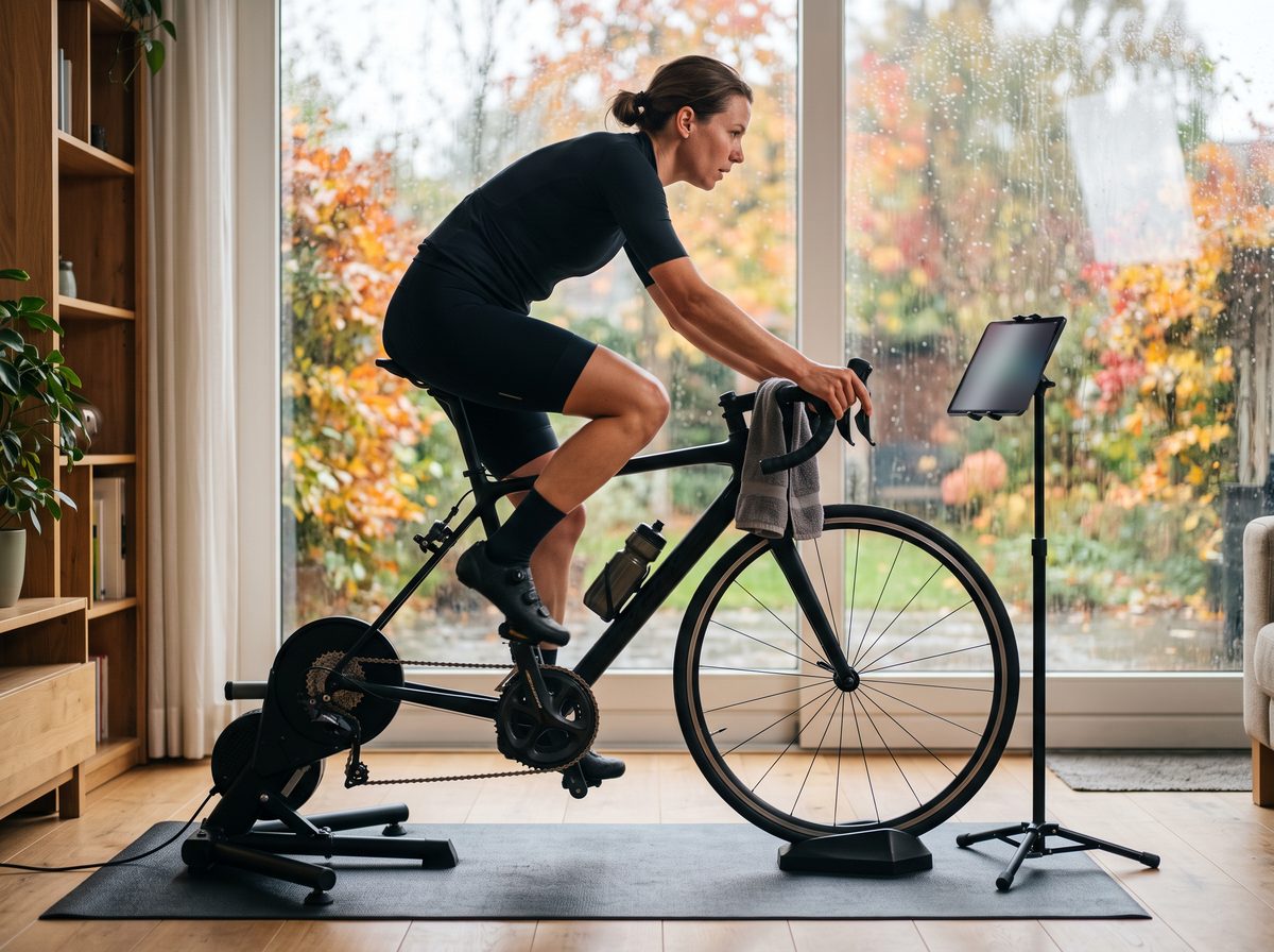 Cycliste sur son vélo de route monté sur un home trainer, dans un salon lumineux, la pluie sur la baie vitrée et une tablette devant le guidon