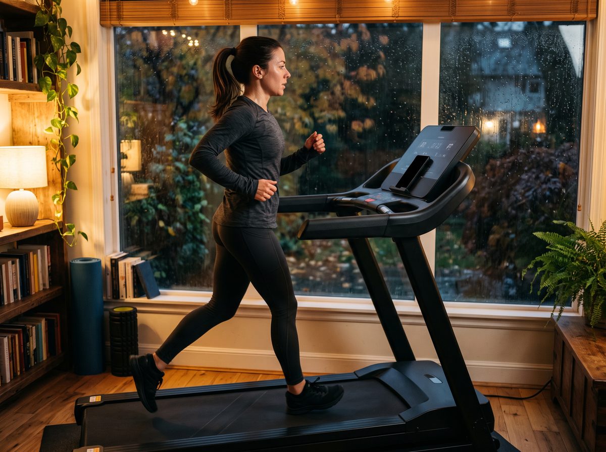 Coureuse sur un tapis de course dans son salon, un soir de pluie d'automne, son téléphone posé sur la console