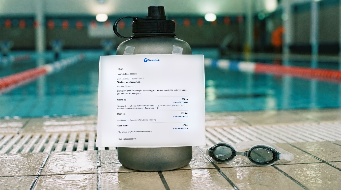 At the poolside, a water bottle with the Trainetic email of today's session printed and taped to it: endurance swim, 900 m, with the warm-up, main set and cool-down and their paces per 100 m