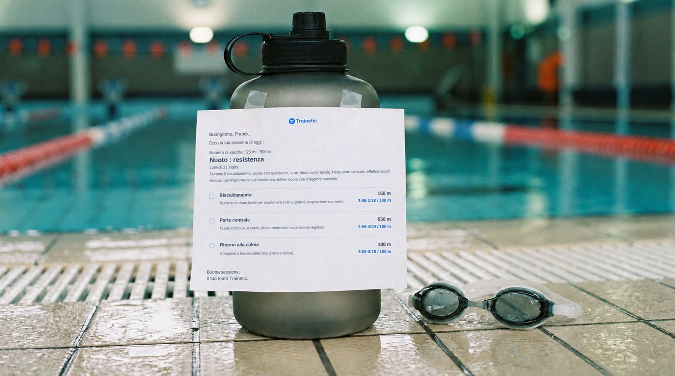 Sul bordo della piscina, una borraccia con l'e-mail Trainetic dell'allenamento del giorno stampata e attaccata sopra: nuoto fondo lento, 900 m, con il riscaldamento, il corpo dell'allenamento e il defaticamento e i loro ritmi ai 100 m
