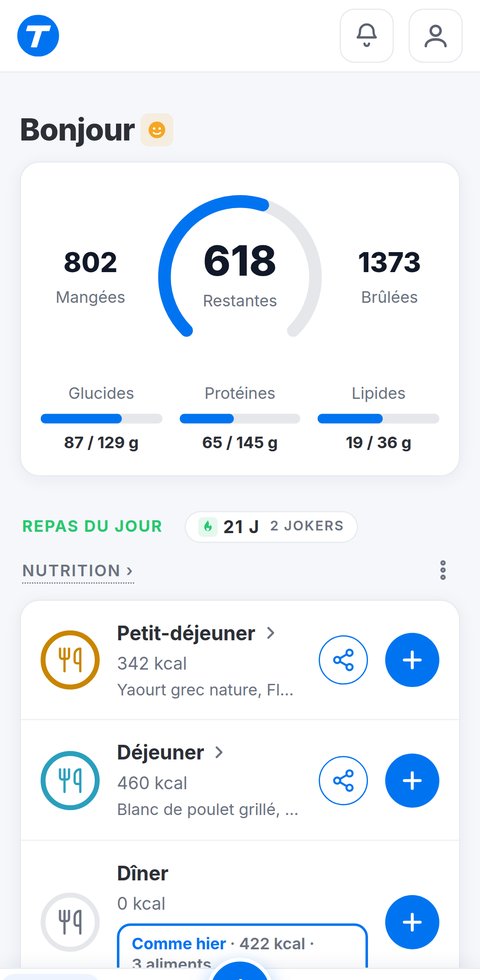 Écran d'accueil de l'application Trainetic pour un objectif de poids : calories mangées et restantes, macros, série de jours notés et repas du jour