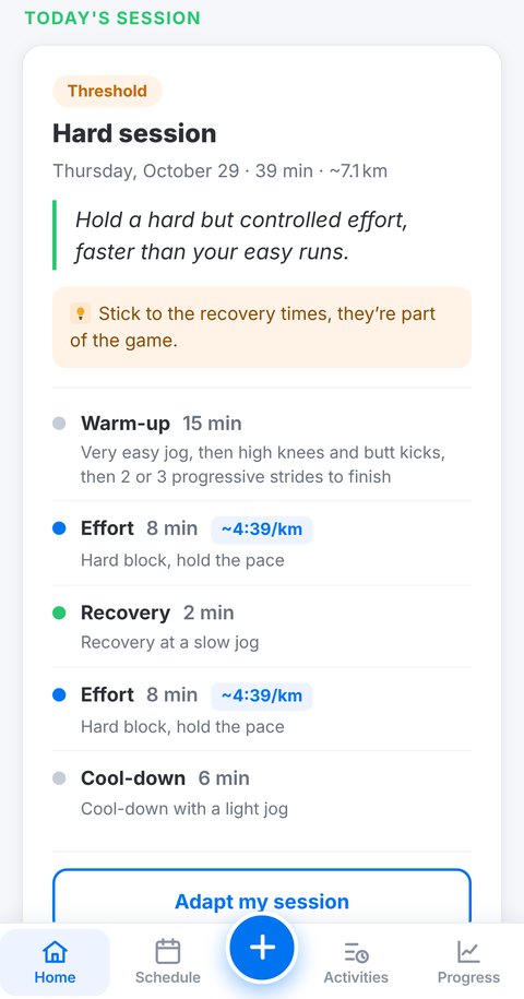 Detailed running session in the Trainetic app, block by block