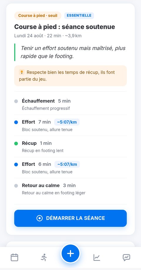 Séance de course à pied détaillée dans l'application Trainetic, bloc par bloc