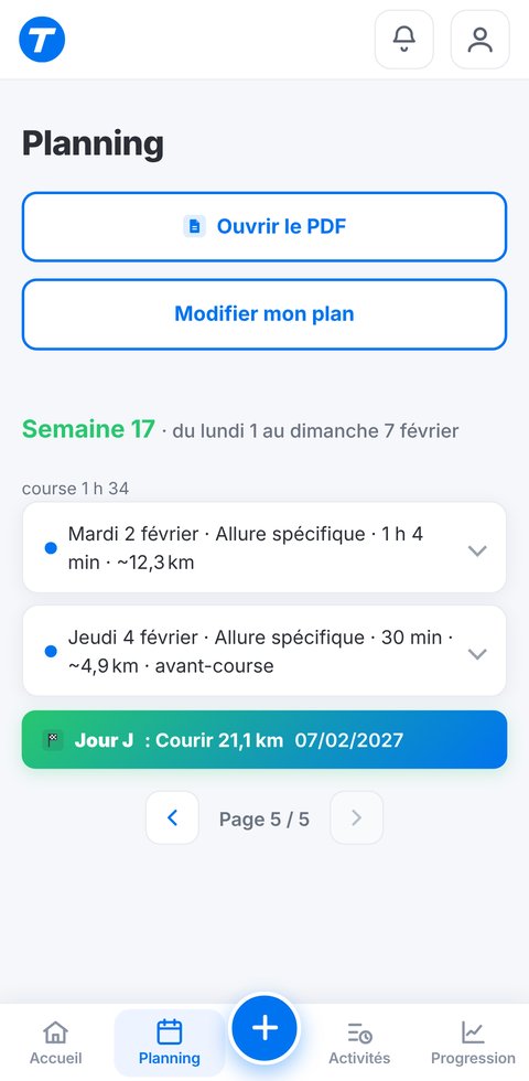 Le planning Trainetic d'un plan qui mène jusqu'au jour J de la course