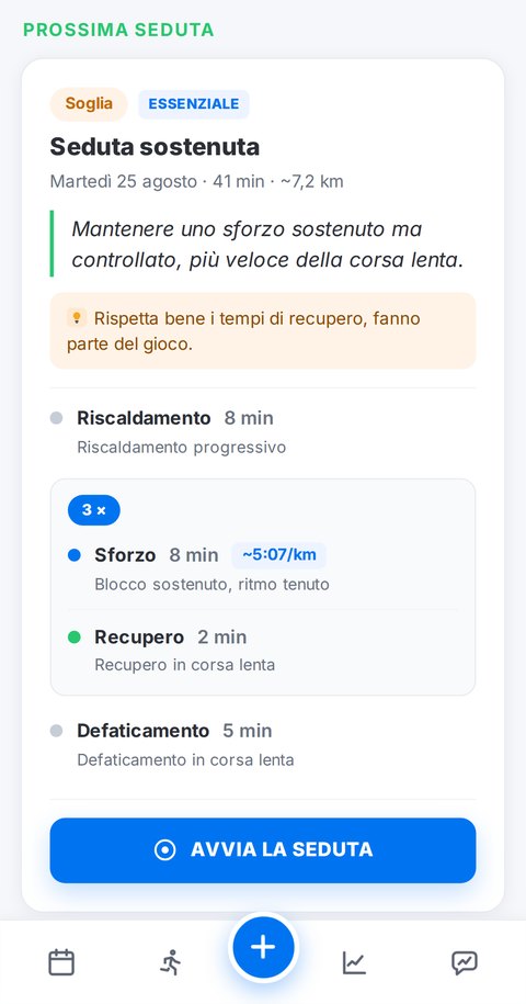 Prossimo allenamento mostrato nell'app Trainetic, con i suoi blocchi e il ritmo obiettivo