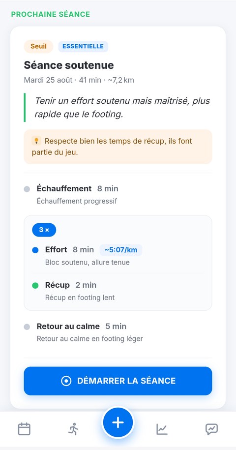 Prochaine séance affichée sur l'application Trainetic, avec ses blocs et son allure cible