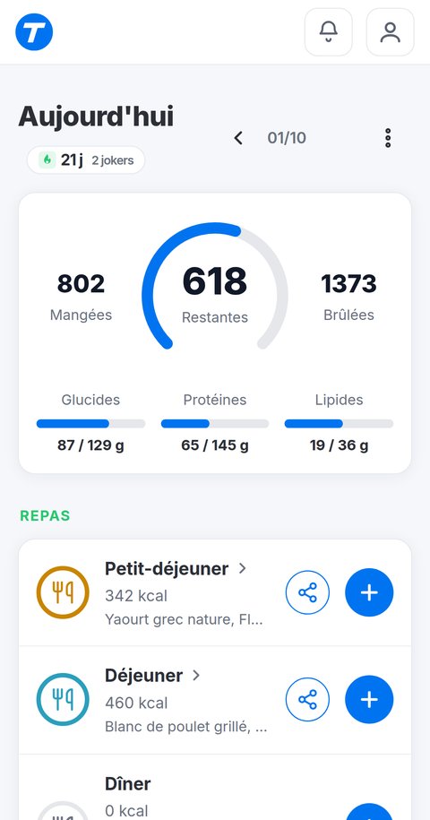 Journal du jour dans l'application Trainetic : calories mangées et restantes, macros et repas de la journée