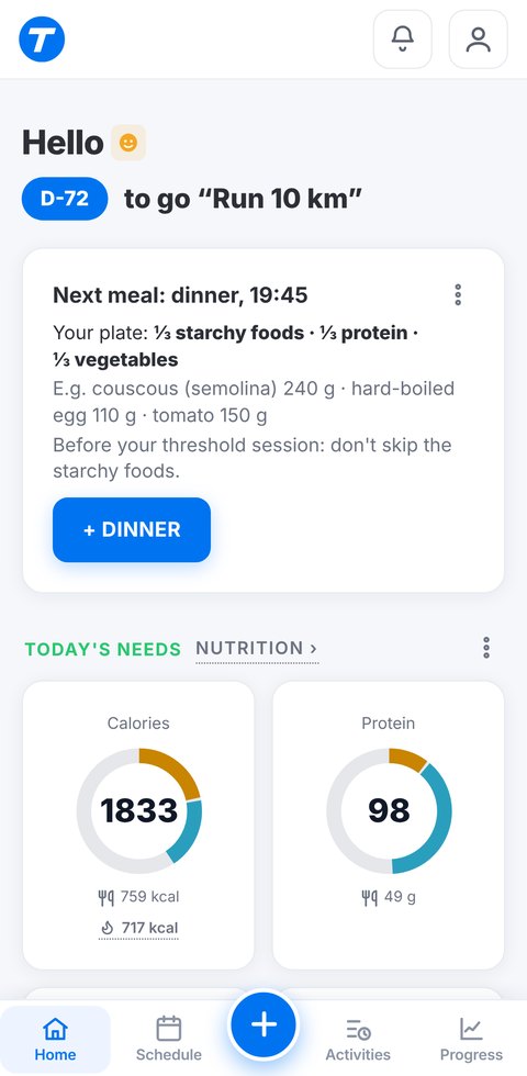 Trainetic home screen with the countdown to a 10 km race and today's needs in calories, protein, carbs and fat, session included