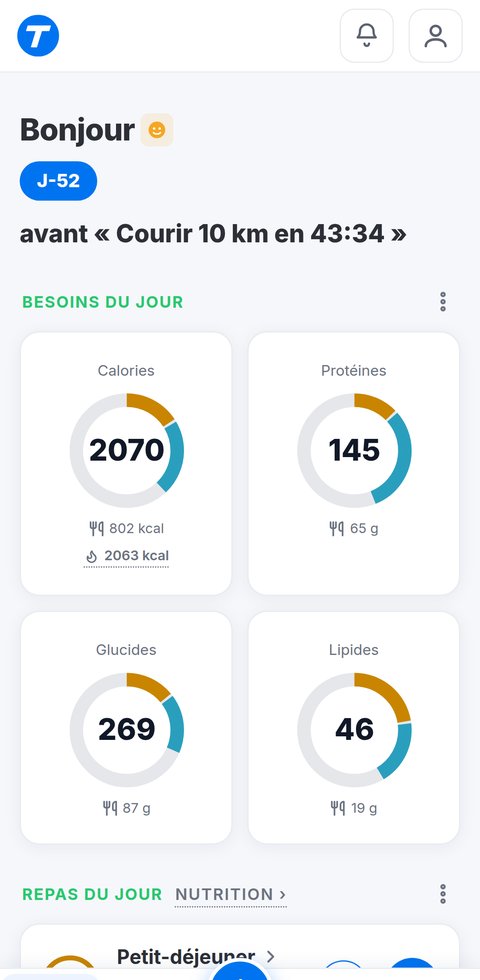 Accueil de Trainetic avec le compte à rebours vers un 10 km et les besoins du jour en calories, protéines, glucides et lipides, séance comprise