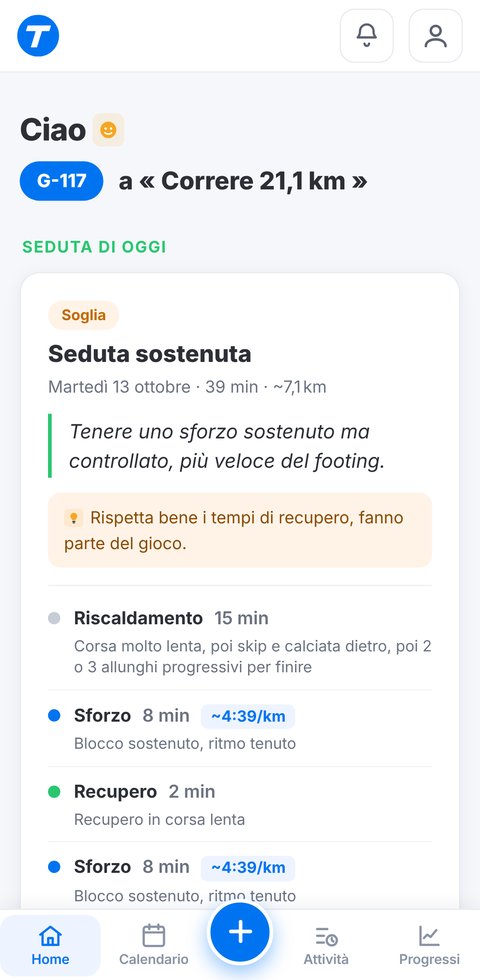 Allenamento del giorno nell'app Trainetic: lungo di 1 h 13, ritmo obiettivo e blocchi dell'allenamento