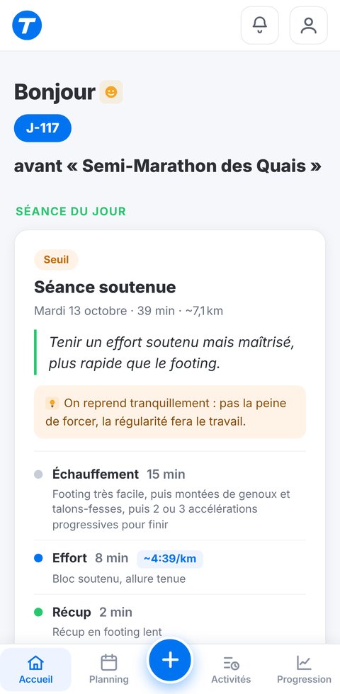 Séance du jour dans l'application Trainetic : sortie longue d'1 h 13, allure cible et blocs de la séance
