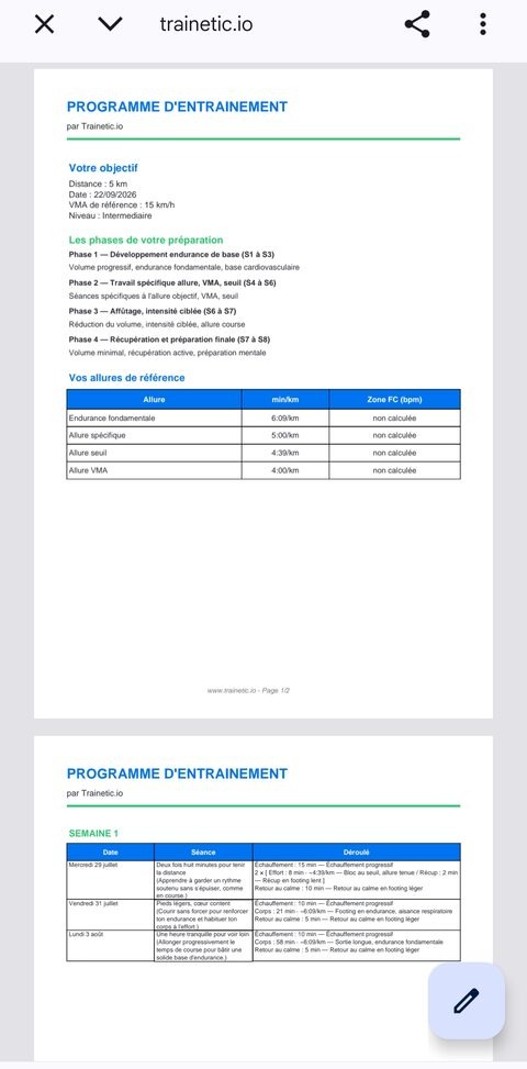 Plan d'entraînement Trainetic exporté en PDF
