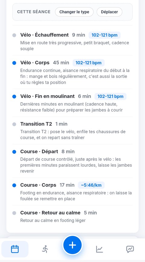 Séance de brique Trainetic : blocs de vélo, transition T2, puis course à pied