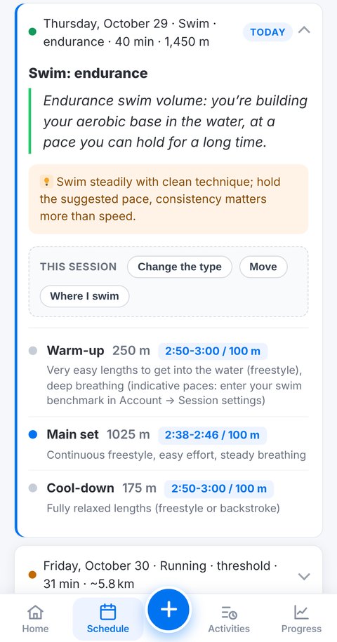 Trainetic swim session detailed in meters with a pace per 100 m