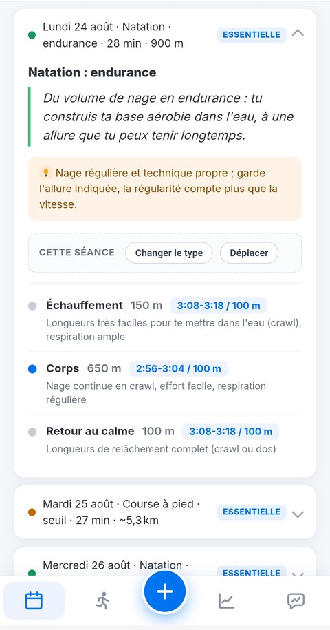 Séance de natation Trainetic détaillée en mètres avec une allure au 100 m