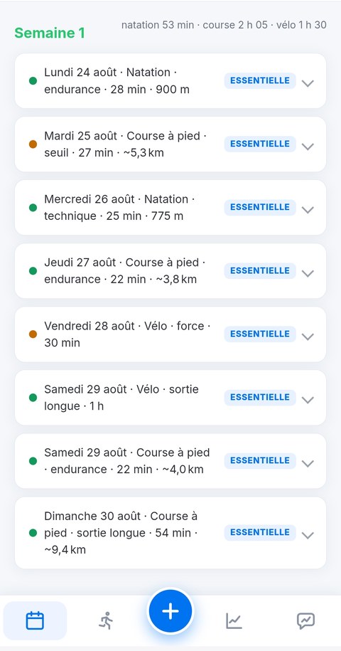 Semaine d'un plan triathlon Trainetic avec des séances de natation, de vélo et de course à pied